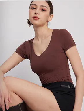 PUMIEY Snatched V Neck Fitted T-Shirt, Double Layer Not See-Through, Buttery Soft Stretch Tee, Minimal Everyday Essential