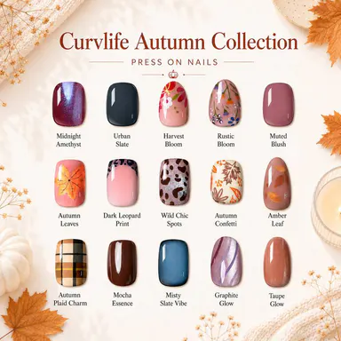 Curvlife Autumn Press on Nails Collection|32 PCS Nude Brown French Tip Glue on Nails|Full Cover Reusable Acrylic Stick on Nails with Maple Leaf, Floral, Pumpkin Designs|Fall Glossy False Nails for Women and Girls|Salon Quality Nail Kit|Short Fake Nails