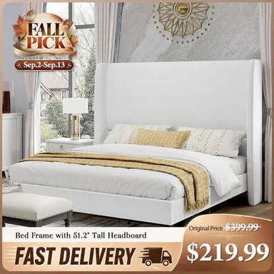 AMERLIFE Platform Bed Frame with 51.2\" Tall Headboard, Upholstered Bed with Wingback/Solid Wood Legs/Durability&Silent/No Box Spring Required, Furniture/Full/Queen/King/Bed with Reinforced Structure&Complete Hardware Kit[tiktokshopbacktoschool][SohoChic]