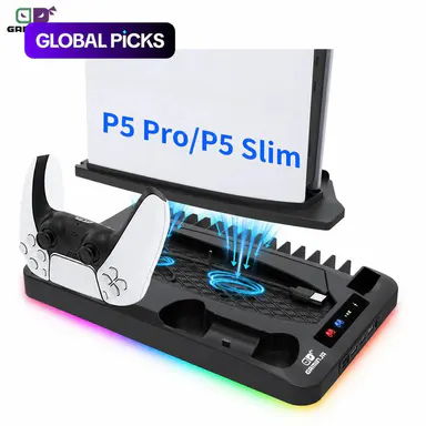 GAMINJA P58 Charging Base Gaming Cooling Bracket Compatible With PS5 Console, Vertical Stand Cooling Fan, Multi-functional Cooling & Charging Station for PS5 Slim Pro All Model Universal