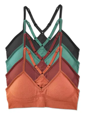Kalon Women's 4-Pack Solid Racerback Sports Bralettes - Seamless V-Neck Nylon Spandex Wirefree Yoga Bra with Removable Pads, Comfy Fit for Everyday Basics (See Size Chart; Skin Tones, Bright Vibrant, Earth Tones)