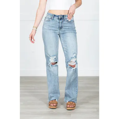 Women's 90s Grunge Judy Blue Cotton Denim Jeans - Light Wash, Straight Fit, Plus Sizes, Casual, Comfortable, Polyester-Spandex Blend, Pockets, Basic Women's Bottoms