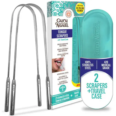 GuruNanda Tongue Scraper (2 Pack) with Travel Case, 420 Medical-grade Stainless Steel Tongue Cleaner, Aids in Fresh Breath & Oral Care