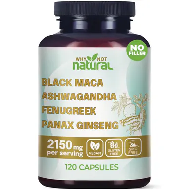 4-in-1 Organic Black Maca Root, Ashwagandha, Fenugreek, Panax Ginseng Supplement for Men and Women in Capsules by Why Not Natural Healthcare Edible