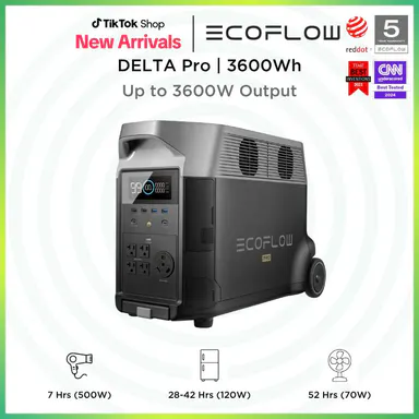 DELTA Pro, 3600Wh, 3600W Output, EcoFlow Portable Power Station, 2.7H to Full Charge, 5 AC Outlets,  120V LFP Battery with Expandable Capacity