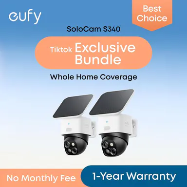 【Exclusive Bundle】eufy Security SoloCam S340 360° Pan & Tilt Solar Security Camera 2.4 GHz Wi-Fi No Monthly Fee HomeBase S380 Compatible - Ai Auto Lock And Tracking