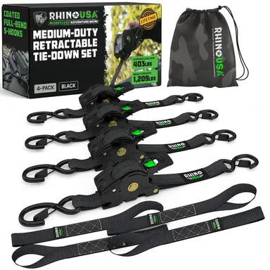 Rhino USA 1\" x 10' Retractable Ratchet Straps (select 2 pack or 4 pack) - Medium Duty Self Retracting Tie Down Straps for Truck, Cargo Trailer