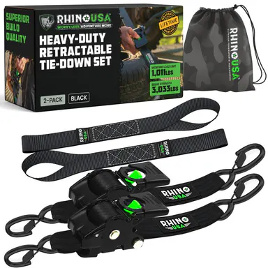 Rhino USA 2\" x 10' Retractable Ratchet Straps 2- or 4-Pack - (3,033lb Break Strength) - Heavy Duty Self Retracting Tie Down Straps for Truck, Cargo Trailer