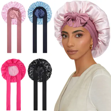 AWAYTR Satin Bonnet Silk Like Bonnets for Sleeping Double Layer Sleep Cap Haircare Bonnet with Elastic Tie Band for Curly Hair Pink Night Cap TikTokShopBlackFriday