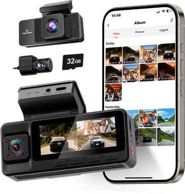 REDTIGER A3 3 Channel WiFi Dash Cam Front and Rear Inside with 32G SD Card( No SD Card Option In A Better Deal ), 2.5K+1080P+1080P Car Dash Camera for CarsFront and Rear, G-Sensor, 24H Parking Mode, Car rvibe, Car VLOG
