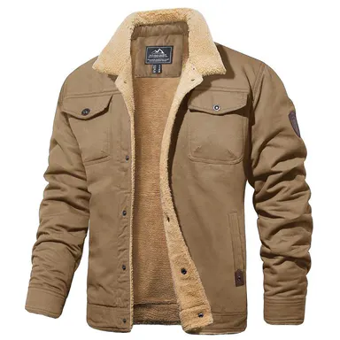 MAGCOMSEN Men's Sherpa Lined Soft Fabric Longsleeves Winter Trucker Cargo Jacket, Warm Multi-Pocket Collared Cotton Fleece Coats, Casual Outdoor Menswear Tops (Khaki Beige)