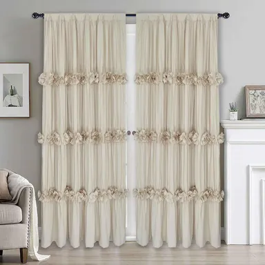 HIG Farmhouse Ruffle Window Curtains with Blackout Liner Handmade Bow Ties Drapes 2 Panels Set curtain livingroom curtain edges (100x84 size only one panel)
