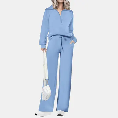 PRETTYGARDEN Women's Casual 2-Piece Sweatsuit Set - Half Zip Pullover Sweatshirt & Wide Leg Pants with Drawstring - Matching Tops & Sweatpants for Comfort