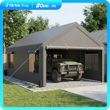 Walsunny Carport 12x20ft Outdoor Car Canopy Portable Garage, Heavy Duty Shed Tent Gazebo Port with Roll-up Ventilated Windows & Removable Sidewalls Shelter Storage Vehicle Party Moisture Prevention for Camp, Farm, Tool, Grey, Khaki, White,Durable Pvc