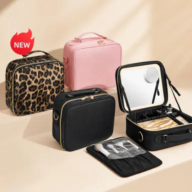 Makeup Bag with 3 Color Led Mirror, PU Leather Travel Cosmetic Bag Makeup Organizer Bag, Portable Makeup Case Adjustable Dividers Storage Box, Gift travelessentials,backpacks for school,cute backpacks for school,bookbag,school backpack