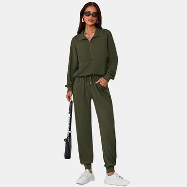 PRETTYGARDEN Women's 2-Piece Sweatpants Set Long Sleeve Half Zip Pullover Sweatshirt & Joggers Pants Comfy Outfits Soft Tracksuit for Yoga Gym Activewear with Front Pocket & Elastic Waistband - Sweatsuit Loose