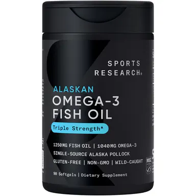 Sports Research Triple Strength Omega 3 Fish Oil - Burpless Fish Oil Supplement w/ EPA & DHA Fatty Acids from Wild Alaskan Pollock - 1250 mg, 90 ct