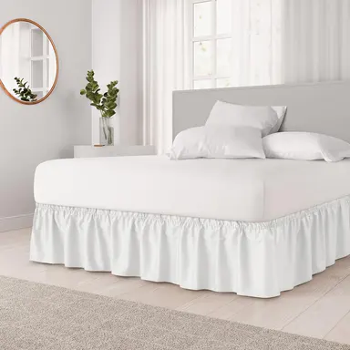 CGK | EZwrap Bedskirt - Ruffled Wrap-Around 15\" Elastic Bed Skirt – No Mattress Lifting, Hides Under-Bed Clutter, Bedroom Storage Hack