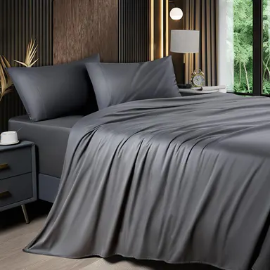 Shilucheng Bamboo Sheet Set - 4/6 Pc Bedding Set with 16'' Deep Pocket Lightweight, Twill, Smooth Fitted Sheets, Cooling Breathable, Hotel Luxury Super Silky Soft, Wrinkle & Fade Resistant