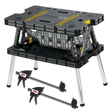 Keter Heavy Duty Portable Folding Table Tool Storage Stand Workbench Sawhorse with 12\" Clamps for DIY Projects Home Improvement Weather Resistant Polypropylene Aluminum