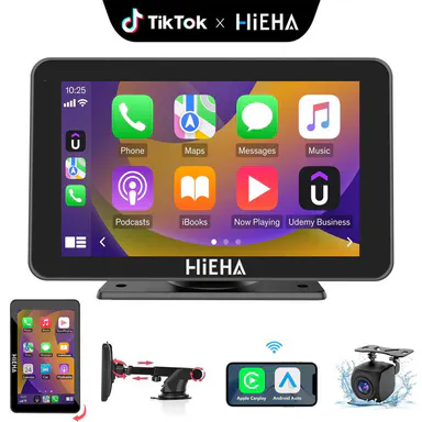 【HiEHA】2026 Upgraded 7 Inch HD Wireless CarPlay & Android Auto Stereo with Suction Cup & Dash Mount, Rear Camera, Seamless Mirror Link/Bluetooth/GPS Navigation/Voice Control, Landscape/Portrait Rotation, Plug and Play