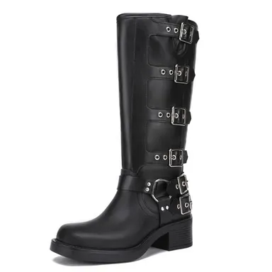 Athlefit Women's Knee High Riding Boots Fashion Buckle Square Toe Chunky Heel Wide Calf Biker Boots Gril Comfort Footware Fashion Shoes buckle  boots knee  high Leather Footwear Comfortable Girl Walking Shoes Bota Brown