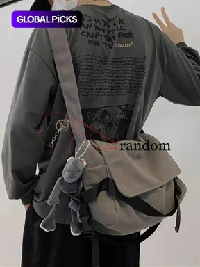 Men's Plain Canvas Crossbody Bag, Solid Color Trendy Versatile Crossbody Bag with Cartoon Charm, Casual Messenger Bag, Large Capacity Daily Commuting Shoulder Bag for Work & School, Casual Crossbody Bags #GLOBAL PICKS