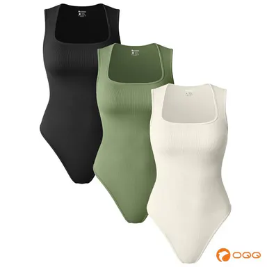 OQQfitness Womenswear Three-Piece Ribbed Square Neck Tank Bodysuit with Fitted Design, 90% Nylon 10% Spandex, Comfortable and Stylish for All Seasons,summerwins,summeroutfits,vacationoutfits,beachoutfits,back to school,back to school shopping