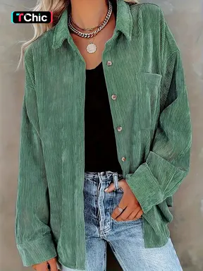 Women's Corduroy Lightweight Button Collared Blouse Shirt With Pocket, Long Sleeve Loose Fit Oversize Drop Shoulder Casual Everyday Style For Spring & Fall