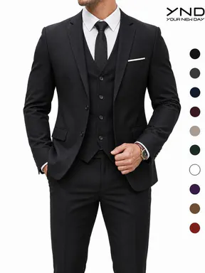 YND Men's 3-Piece Long Sleeve Classic Business Office Suit Set - Formal Menswear with Vest, Pants, Tie for Wedding, Party (Beige, Black)