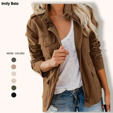 Imily Bela Women's Military Jacket Zip Up Snap Buttons Lightweight Utility Anorak Field Safari Coat Outerwear with Pockets Long Sleeve Cotton Tops
