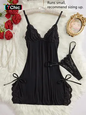 Women's Bow Decor Contrast Lace Spaghetti Strap Cami Fitted Knit Nightdress & Thong Set, Comfy Soft Sexy Underwear Lingerie for All Seasons, Fashion Style Ladies Sleepwear & Homewear Loungewear, Fitted Sleeveless Nightdress