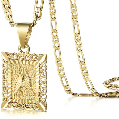 KissYan Initial Letter Pendant Necklace for Men Womens, 14K Gold Plated Square Capital Monogram Necklace Alhpabets from A-Z Figaro Chain Necklace Gifts