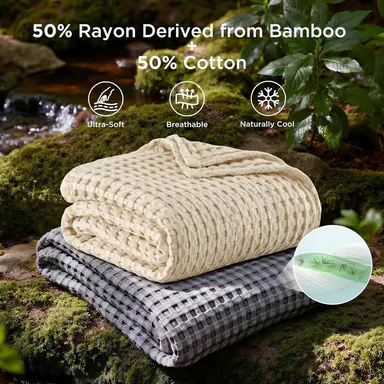 Bedsure Cooling Bamboo Waffle Cooling Bedding Blanket - Lightweight Breathable Rayon-from-Bamboo & Cotton Throw for Hot Sleepers, Moody Color, Oversized King, Comfy Couch & Bed, House Decor Cozy Setup, Elevates Any Bedroom