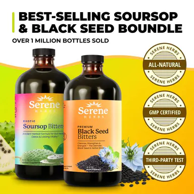 Serene Herbs Soursop & Black Seed Bitters Bundle | Organic Herbal Detox for Digestive Health Gut Healthy Booster Immune Support & Energy | Non-GMO, Vegan (32 fl oz, 16 fl oz Each)