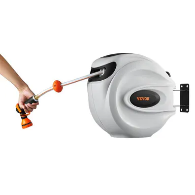 【BackToSchool】VEVOR Wall Mount Metal Garden Hose Reel (100'-1/2\" Size), 180° Swivel, 9-Pattern Nozzle, Automatic Rewind, Lock-at-Any-Length, Slow Return System, 200psi, Fits Brick Concrete Wood Stone, Windows Garden Watering Irrigation Accessory