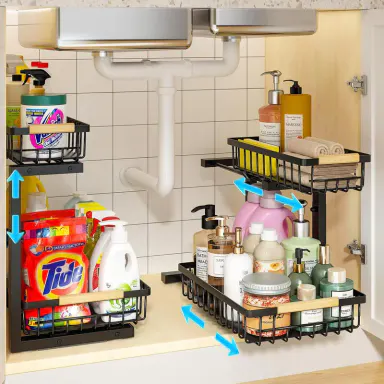 Under Sink Organizer, Height Adjustable Under Sink Organizers and Storage, 2 Tier Pull Out Drawer Cabinet Organizer for Kitchen Bathroom