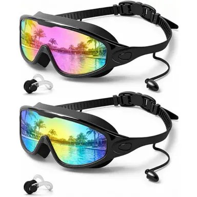 Rantizon 2-Pack Wide View Pool Goggles, Anti-Fog UV-Protective 100% Silicone Adjustable Outdoor Swimming Goggles with No-Leak Fit & Adjustable Strap That Adapts to Your Face for Adults, 100% Silicone Swimming Goggles