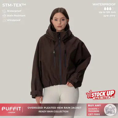 【Restocked】PUFFIT STM-TEX Short One-Size Rain Jacket With Pleated Hem,Hooded Jacket,Waterproof Jacket,Women Jacket,Wide-Brim Hood,Adjustable Cuffs,Zips,Outdoor Sport,Windbreaker,Fall,Winter,Dog Walking,School Running,Stylish,Womenswear,2026 Shopping