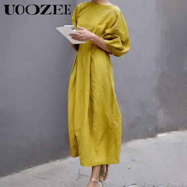 UOOZEE Lady's Breezy Linen Mix Viscose Basic Casual Dress, Early Fall Style with Lantern Half-Sleeves, Pockets, Loose Solid Fit for Daily Elegance (Womens Dresses, Casual Wear)