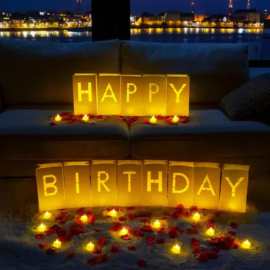 Marquee Letter Glow Sign Decorative Lights - Happy Birthday Luminary Bags with 24 LED Tea Lights, 2000 Rose Petals, Outdoor Party Lighting, Soft LED Decor for Children’s Day Parties, Home Essentials Gift  #Sohochic#homeessentials