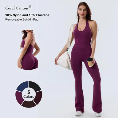Coral Canton Seamless Backless Halter Top Sport Jumpsuit Bodycon Flared Legs  BackToSchool