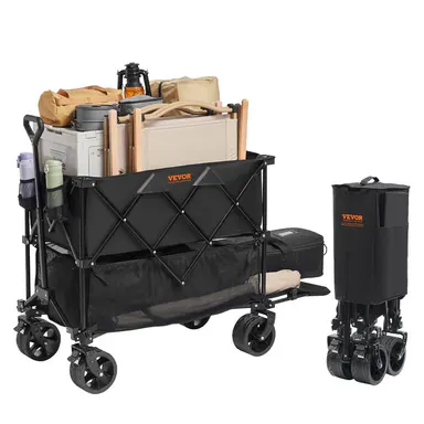 VEVOR Foldable Double Decker Wagon, Collapsible Wagon Cart with All-Terrain Wheels, Heavy Duty Folding Wagon Cart  for Camping, Shopping, Garden, 52\" Extra Long Extender#BackToSchool