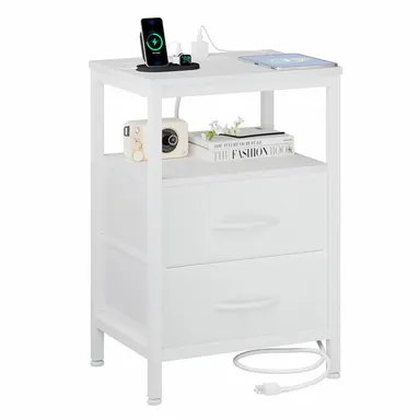 Sweetcrispy Black Wood Nightstand with Charging Station - 2 Fabric Drawers, 2 AC Power Outlets, USB Ports, End Side Table Dresser for Bedroom, Apartment Furniture, Small Room Organization Products, Room Decor, Living Room Furniture
