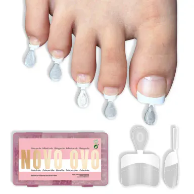 NOVO OVO Round Half Cover Toe Nail Tips White French, Soft Gel False Toenails for Pedicure Extension, Clear Artificial Fake Nails with Auxiliary Line, Pre-designed Acrylic DIY Kit 15 Sizes 240Pcs