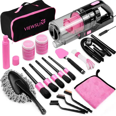 【TikTokShopBackToSchool】Viewsun 17pcs Car Cleaning Kit, Pink Car Interior Detailing Kit with High Power Handheld Vacuum, Detailing Brush Set, Windshield Cleaner, Cleaning Gel, Complete Auto Accessories for Women Gift,Summervibes