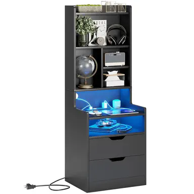 Sikaic Tall Night Stand with Charging Station and LED Lights, Nightstand with Bookshelf, Bedside Table with Drawers & Power Outlets, End Side Table for Bedroom, Home Furniture Christmas Gifts [SohoChic]