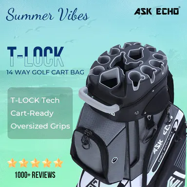Ask Echo Golf T-LOCK 14-Way Top-Divider Quiet Cart Bag - Nylon Fabric, T-Lock Keeps Clubs Steady on Rides, Oversized Cooler Keeps Drinks Close, Padded Strap, Golf Equipment