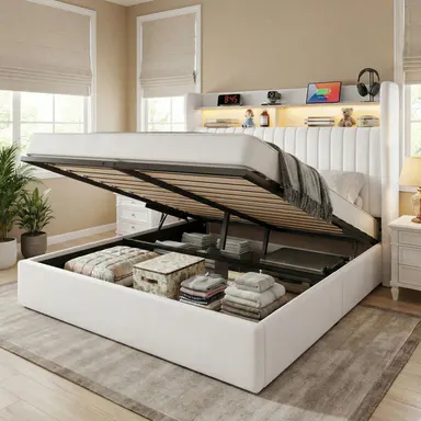 HOOMIC Full Queen King Size Lift Up Storage Bed Frame with Charging Station, Featuring a Storage Shelf Headboard with USB and Type-C Ports, Hydraulic Support, Velvet Upholstery, and No Box Spring Needed, Grey Black White Cream White