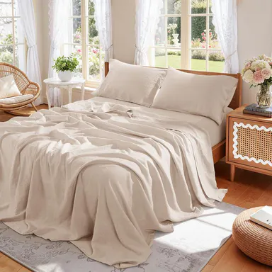 Soft Washed Linen Bed Sheet Set - Deep Pocket, Cooling, Breathable, Temperature-Regulated Fabric, Gets Softer With Each Wash, Fits California King/Bedding Queen Sets, Ideal for Farmhouse Home Decor